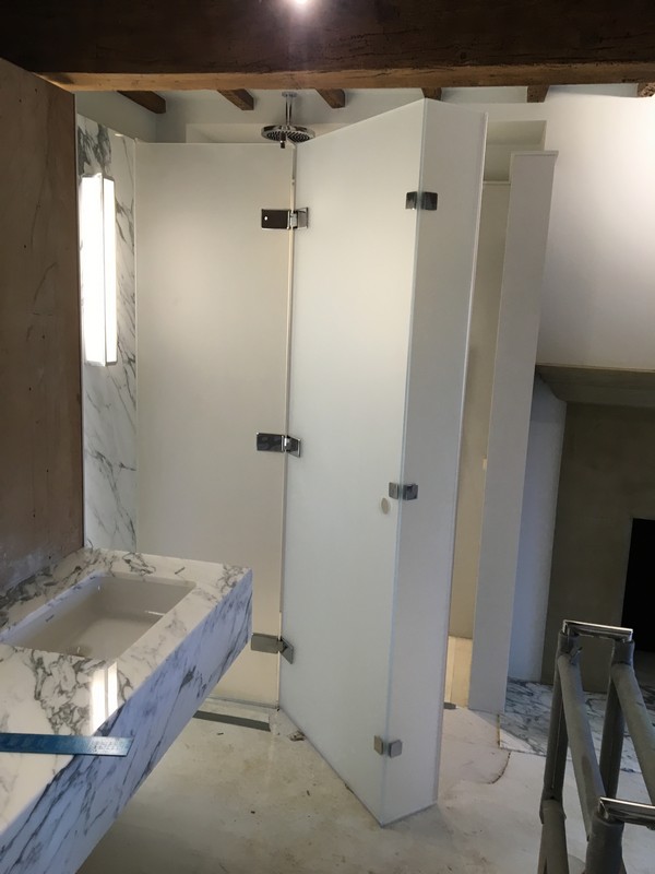 Bespoke frosted glass shower enclosure in Bracknell luxury bathroom